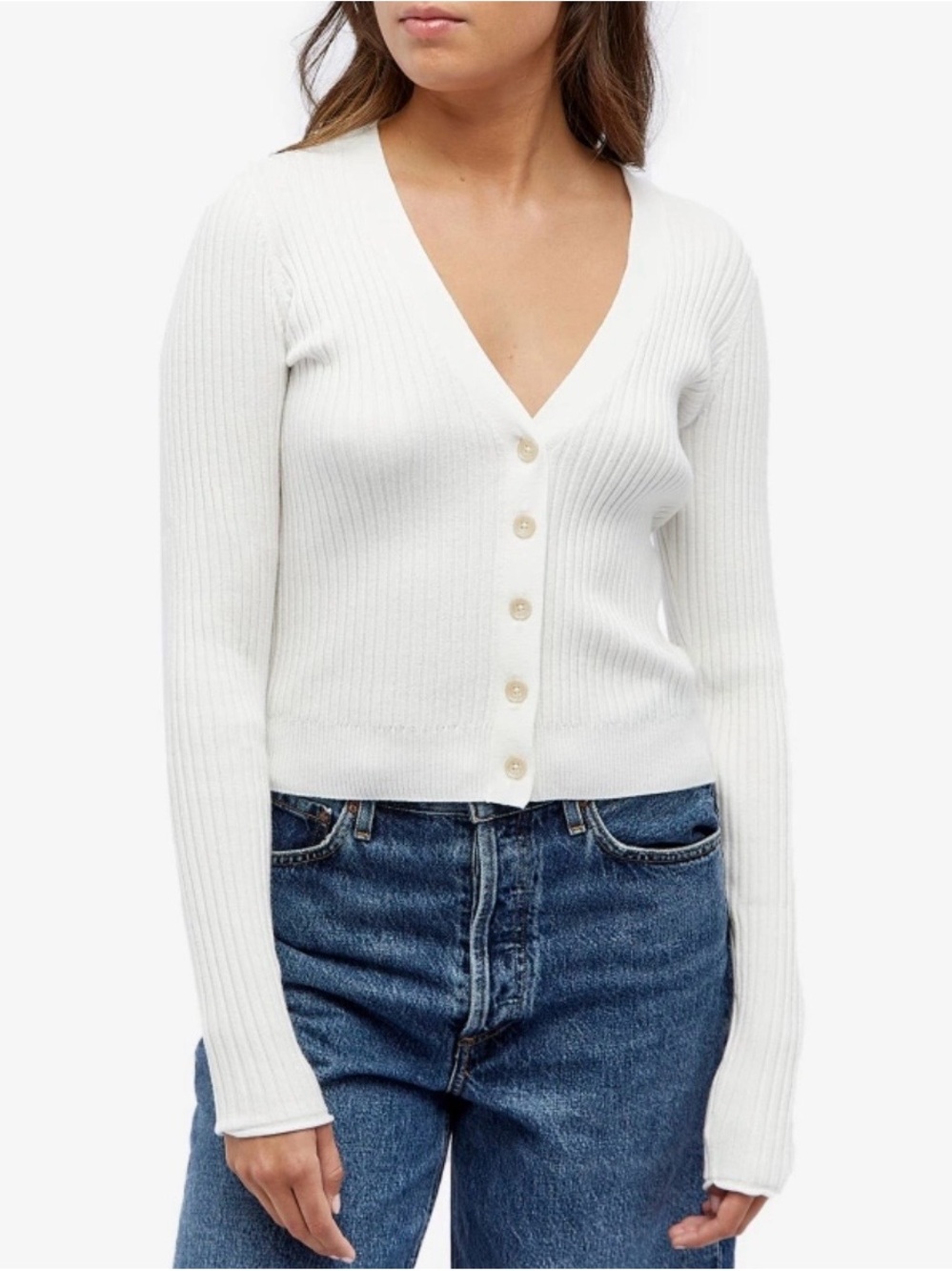 Good American White Ribbed V-Neck Buttoned Cardigan size 6